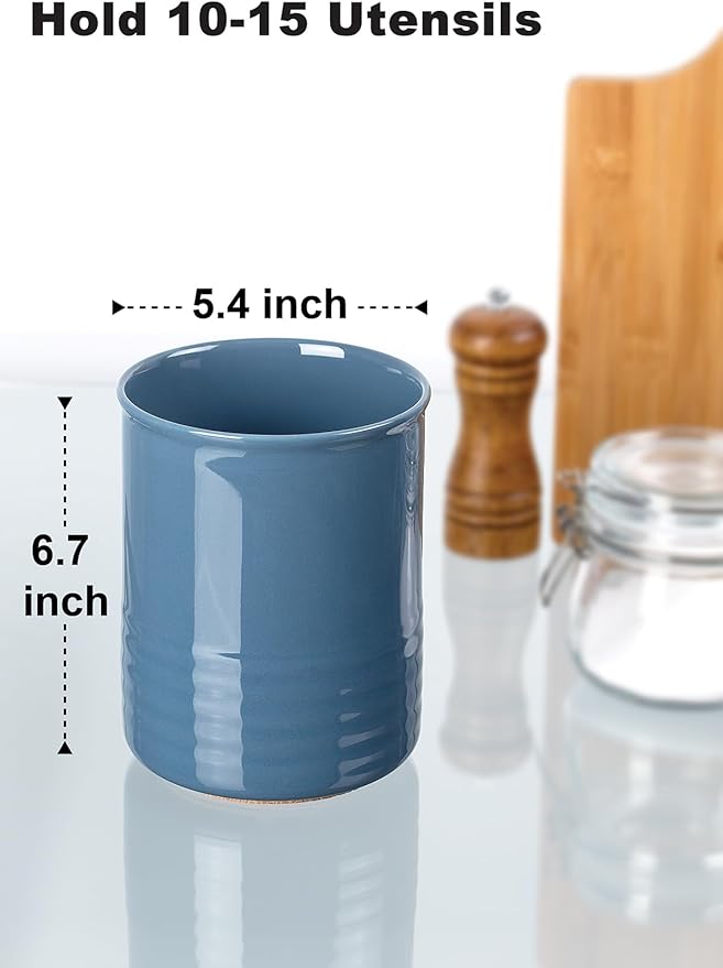 ABRUTY Utensil Holder, 6.7" Ceramic Kitchen Utensil Crock for Countertop Cooking, Modern Utensil Caddy Jar Organizer for Farmhouse Kitchen Counter Décor, Blue