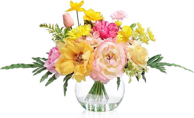 WELL KNOWN Artificial Flowers Centerpieces in Glass Vase with Fake Water, Yellow & Hot Pink Silk Rose Peony & Fake Tulips Bouquet for Birthday Party Wedding Dining Table Office Decor & Mom's Gift