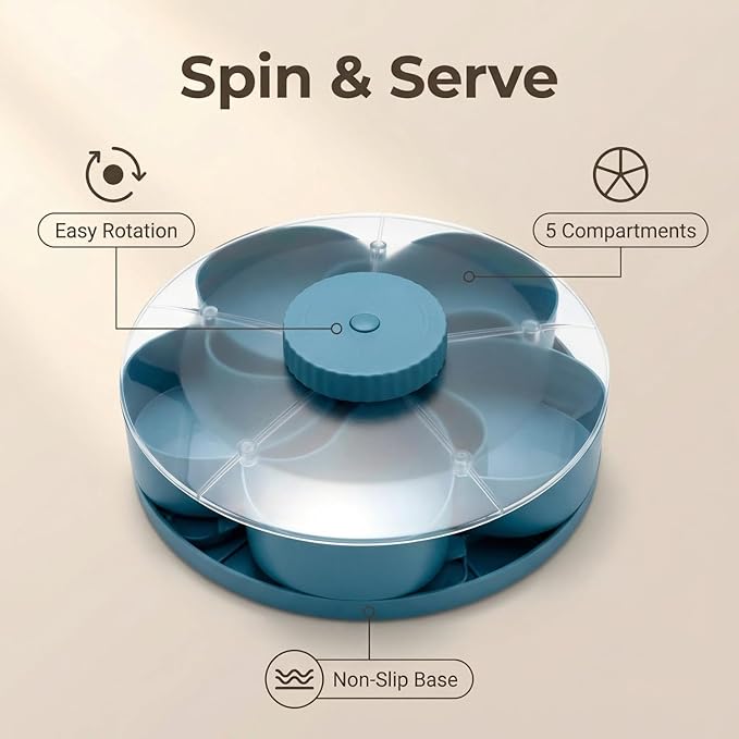 Divided Serving Tray That Spins - Perfect for Snacks, Dips & Party Appetizers, Rotating Snack Box Container with Lid, Lazy Susan Organizer Veggie Fruit Tray for Kitchen,Travel and Picnic (Pink)
