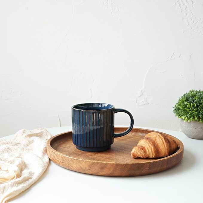 Bosmarlin Stackable Ceramic Coffee Mug Set of 4, 16 Oz, Coffee Cups, Microwave Safe, Unique Reactive Glaze (Prussian Blue, 16 Oz)
