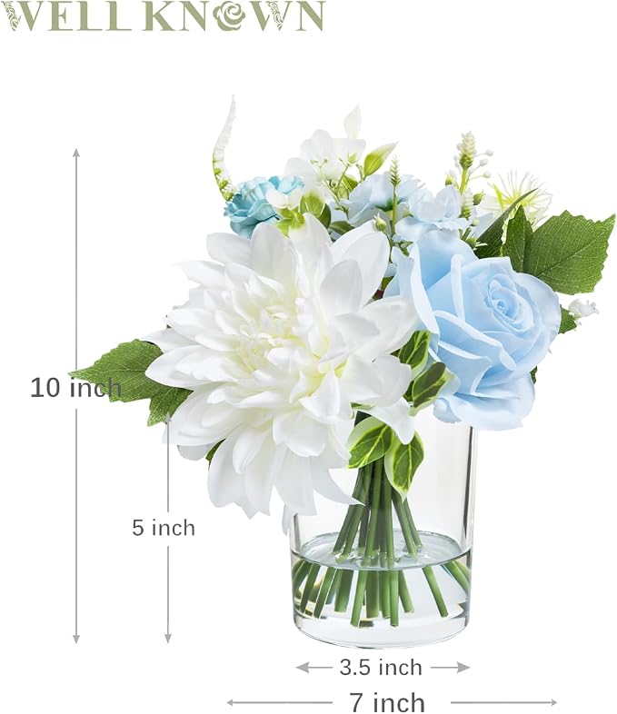 WELL KNOWN Artificial Flowers in Glass Vase with Fake Water, Silk Rose Dahlia Peony Flower Bouquet for Home Dining Coffee Table Office Hotel Wedding Party Lavatory Decor & Birthday Gift (Blue & White)