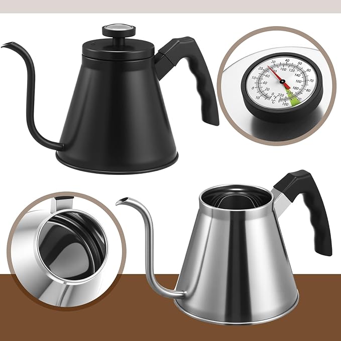 2 Pack 40 oz Gooseneck Kettle with Thermometer Stainless Steel Pour over Coffee Kettle Precision Drip Spout for Stovetop Home Kitchen Camping(Black and Silver)