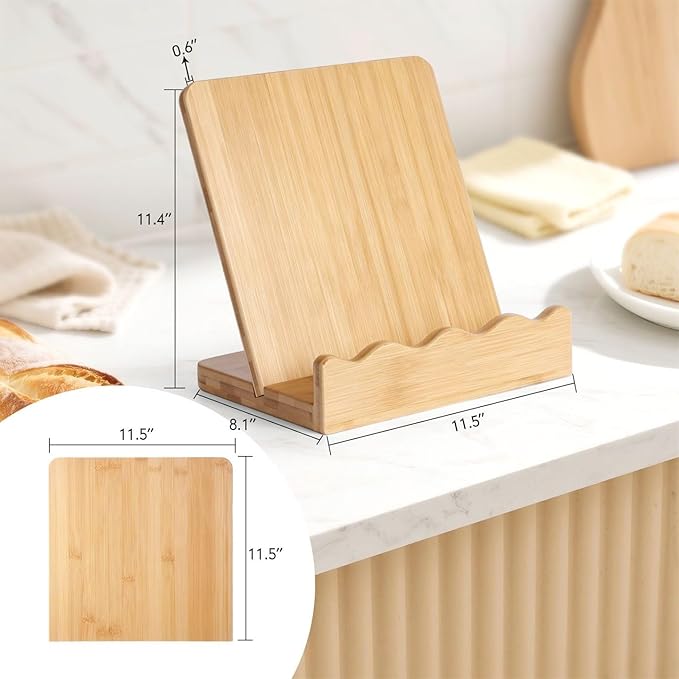 Scalloped Wooden Cookbook Stand with Removable Cutting Board – Adjustable Recipe Book Holder, Charcuterie Board & Kitchen Serving Tray – Kitchen Counte Decor/Bamboo