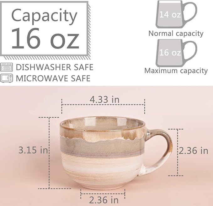 Bosmarlin Large Ceramic Coffee Mug Set of 2, Stoneware Jumbo Latte Mugs for Office and Home, 16 Oz, Dishwasher and Microwave Safe(Brown Grey, 2)