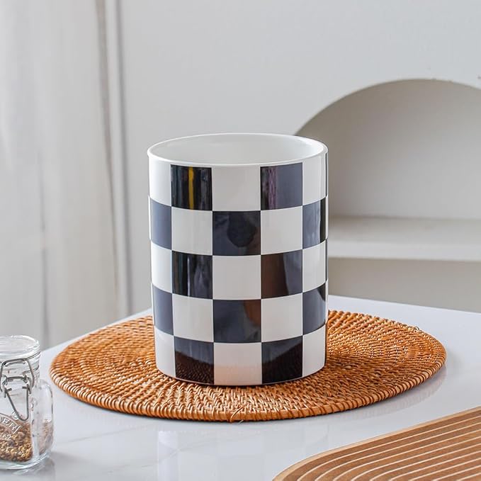 Kitchen Utensil Holder, 6.3 Inch Checkered Ceramic Cooking Utensil Holder Modern Utensil Crocks for Kitchen Counter-Farmhouse, Housewarming Gift, Decor and Accessories (Black, 6.3 Inch)