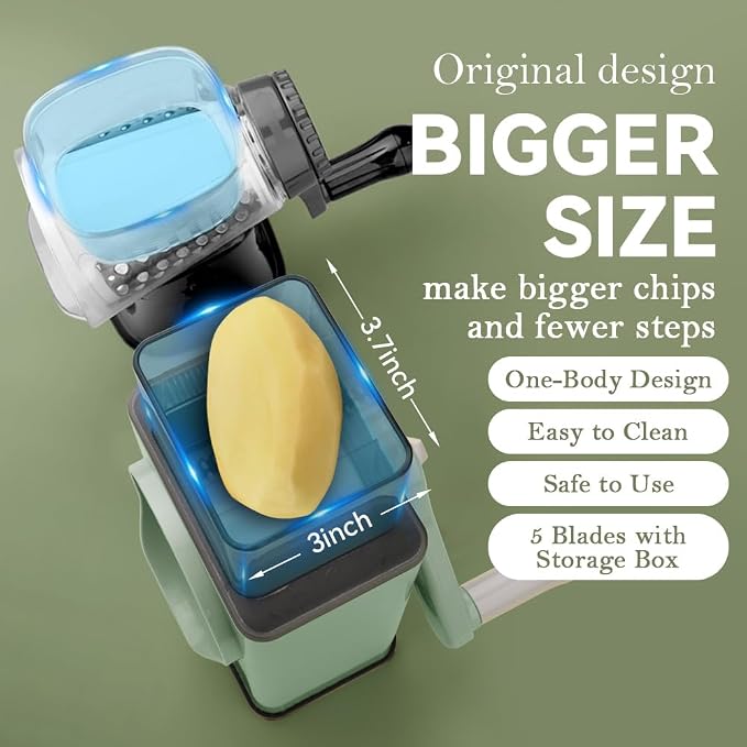 KEOUKE Rotary Cheese Grater 5 in 1 Green - Hand Crank Vegetable Cutter, Shredder, Slicer, Enlarge Input, Suction Base, Labor-Saving Handle, Blade Storage Box, for Onion, Potato, Vegetable, Nuts, etc