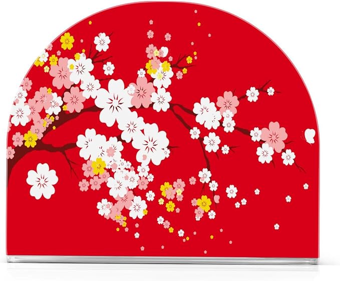 Japaneses Tree Red Cherry Bloom Napkin Holder for Tables Paper Cocktail Napkin Holders for Kitchen and Dinning, Acrylic Dinner Napkin Dispenser for Restaurant Home Decor Bar Accessories 2 Pack