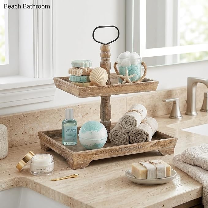 Hanobe 2 Tiered Decorative Tray Stand for Coastal Coffee Table Decor | Large Farmhouse Display Stands for Seasons - Wood for Kitchen Counter Decorations