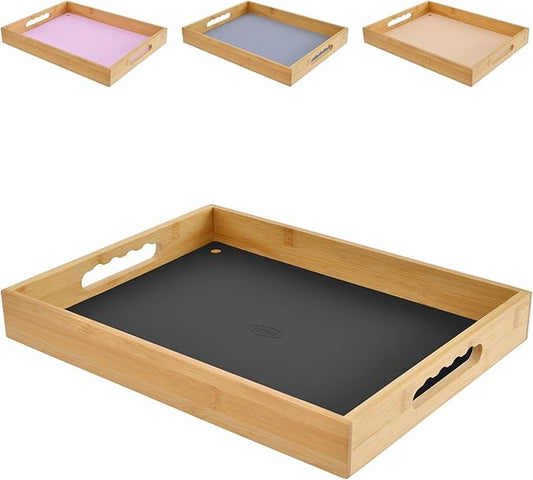 Bamboo Serving Tray, Breakfast in Bed Tray with Removable Silicone Mat, for Pantry Living Room Bathroom Tea Bar