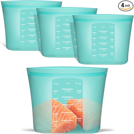 Large Reusable Storage Bag, 4 Pack 100% Silicone Food Storage Bags Stand Up Silicone Zip Lock Bags for Food Container, Freezer Microwave Oven Dishwasher Safe, Aqua, 50.7oz/ 1500ml