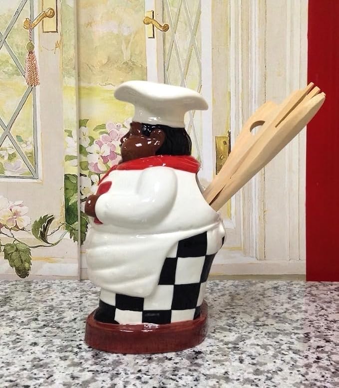 ACK Happy Bistro Chef Hand Painted Ceramic Utensil Jar, Utensil Holder, Utensil Crock, Modern Kitchen Decor, Kitchen Storage for for Spoon, Ladle, Spatula and More