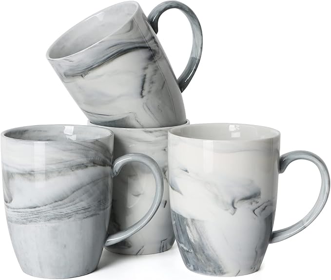 14 OZ Marble Coffee Mugs, M067 Novelty Marble Ceramic Cup for Home and Office, Microwave Dishwasher Safe, Set of 4, Gray