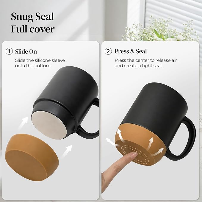 DOWAN Coffee Mugs, 15 oz Mug Set of 2, Large Ceramic Coffee Mug with Silicone Bottom and Spill Proof Lid for Mom Dad, Big Mug for Latte Tea, Matte Grey