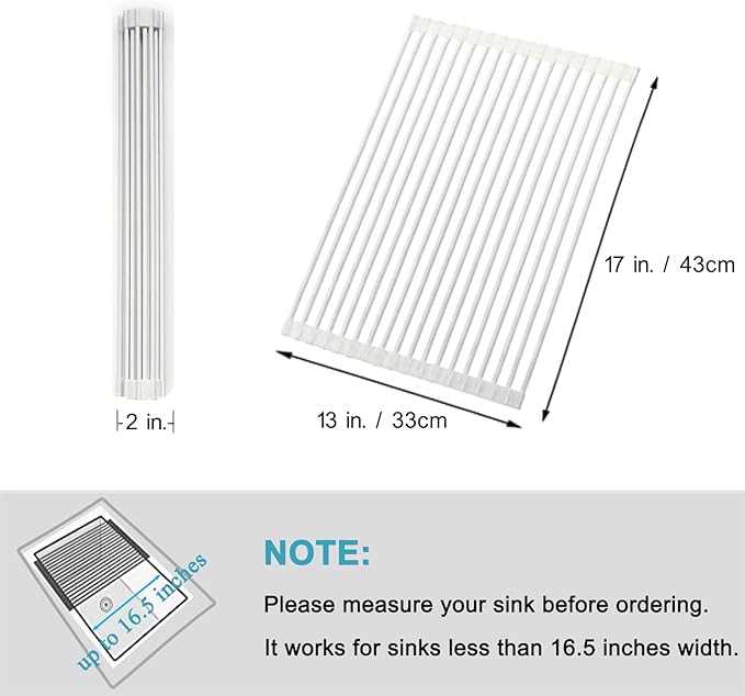 Dish Drainer, White Roll Up Dish Drying Rack, Over Sink Drying Rack with Silicone-Coated, Heat-Resistant Anti-Slip Dry Rack for Dishes Cups Fruits Vegetables - 17" x 13"