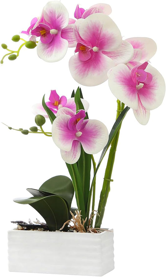 Artificial Real Touch Orchid Flowers in Pot Fake Phalaenopsis Flower with White Ceramic Vase Faux Orchids Arrangement for Home Table Office Wedding Party Decoration (Light Purple)