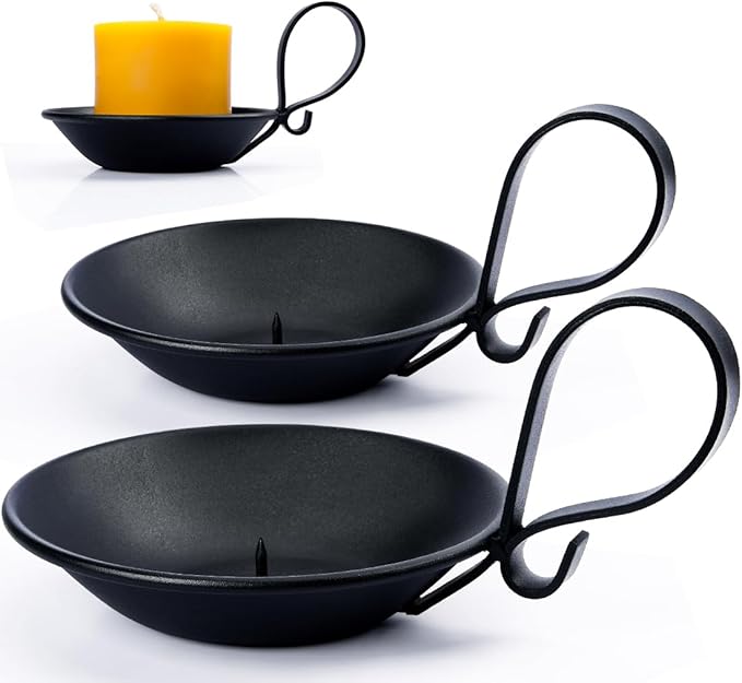 2PCS Matte Black Iron Pillar Candle Holders, with Handle, Simple Industrial Style ，Table Centerpiece Decoration，with Safety Spike.