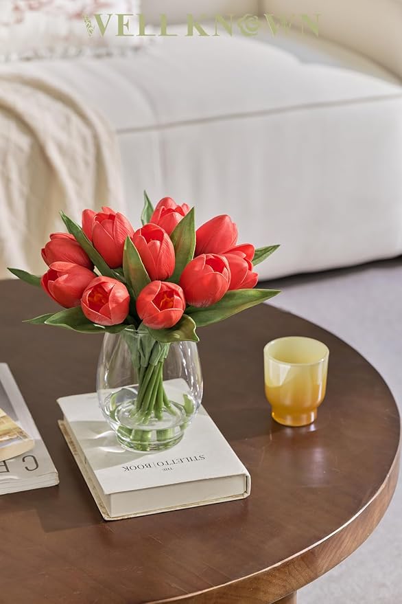 WELL KNOWN 12 Pcs Fake Red Tulips Artificial Flowers in Vase with Faux Water, Real Touch Foam Tulips Arrangements with Vase for Home Office Decor, Dining Table Wedding Centerpiece (Coral Red)