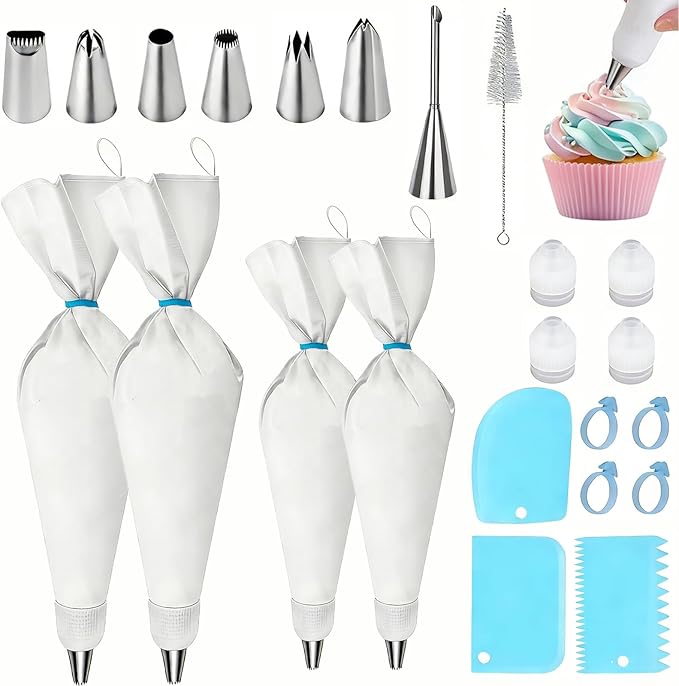 Reusable Piping Bags and Tips Set – 23Pcs Pastry Bag Kit: 4 Cotton Icing Bags (2x14in, 2x16in), 6 Stainless Steel Tips, Couplers, Brush – Cake Decorating Supplies for Beginners, Cupcakes, Cookies