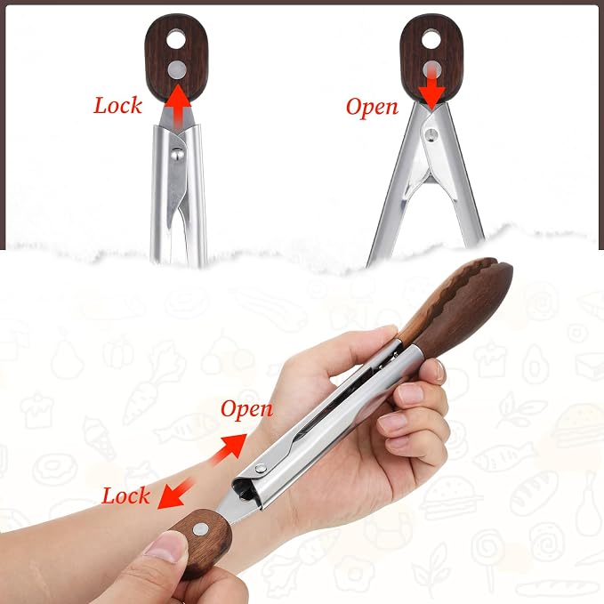 3 Pcs Wooden Tongs for Cooking, 7/9/ 12 Inch Walnut Wood kitchen Tongs Durable Salad Tong with Stainless Steel Handle for Kitchen, Serving Food, BBQ, Buffet - Pull Lock