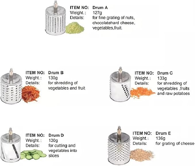 DYNAMI 5 in 1 Stainless Steel Rotary Grater,Kitchen Grater Vegetable Slicer,Cheese Rotary Chopper Food Mills With 5 Stainless Drum,for Home Kitchen Restaurant (Suction cup type, Not for Hard Cheeses)