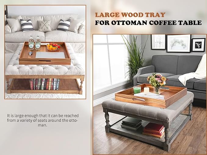 Large Ottoman Tray for Living Room, 20" Extra Large Wooden Tray for Ottoman Square Big Acacia Serving Trays with Handles for Coffee Table, Breakfast, Appetizers, Dinner