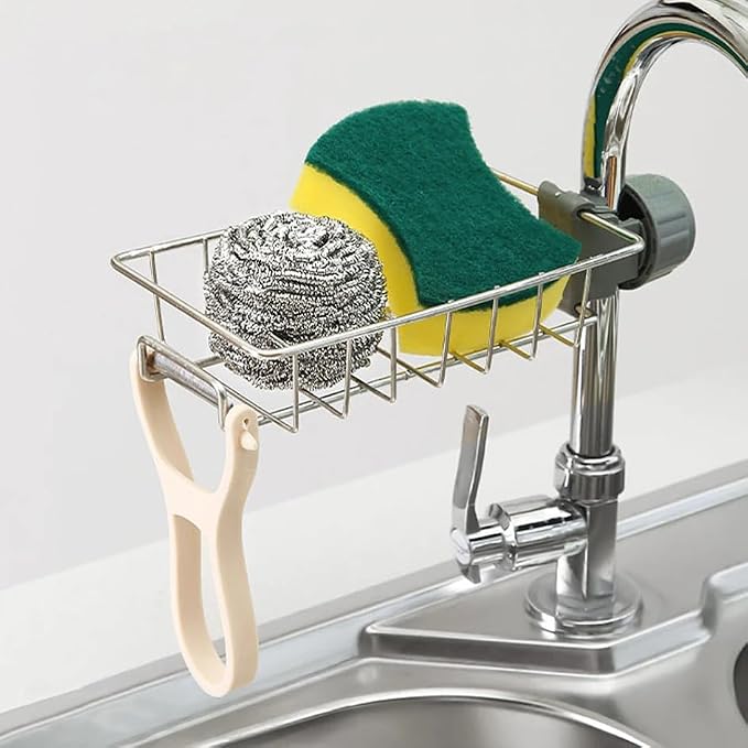LONIN Stainless Steel Kitchen Sink Organizer Caddy – Over Faucet Sponge & Brush Holder, Rust-Resistant, Adjustable Universal Fit Faucet Rack, Quick Drain Sink Space Saver