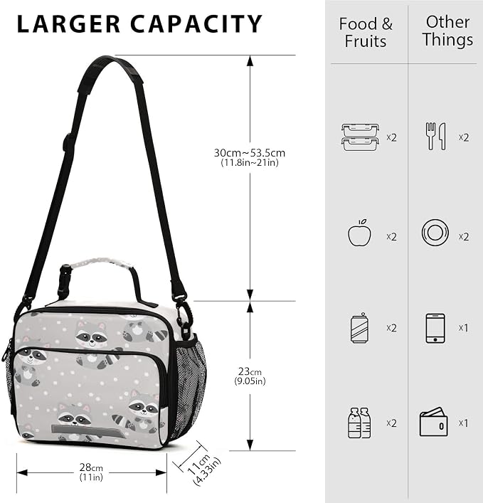 Kcldeci Raccoon Cute Lunch bag, Portable/Reusable Lunch Box for Women/Men/Adult, Insulated Cooler Tote Bag for Work/School/Travel/Picnic
