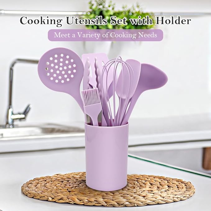 RANX INGST Kitchen Cooking Utensils Set 11 pcs Nonstick Silicone Spatula Set with Holder, 446°F Heat Resistant, Ergonomic Handle, BPA Free - Purple