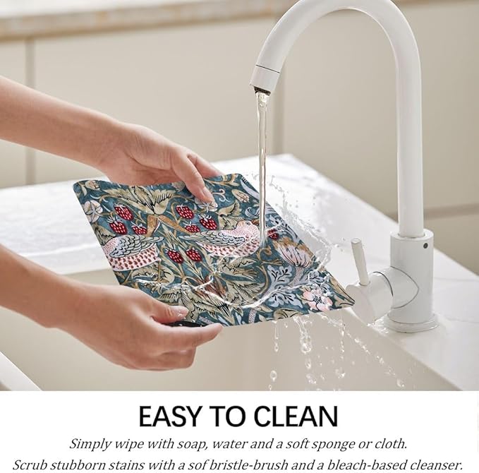 Floral Bird Strawberry Placemats Set of 6 Vintage William Morris Washable Heat Resistant Place Mats for Dining Table Mid Century Modern Anthropologie Linen Woven Wipeable Kitchen Table Mat
