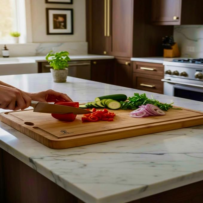 Bamboo Cutting Board Set – Durable 3-Piece Carbonized Brown Bamboo Boards with Deep Juice Grooves & Hanging Holes, Eco-Friendly Wooden Cutting Boards for Meat, Vegetables & Fruits