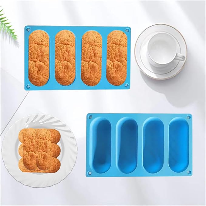 Hot Dog Bun Pan - 2 Pack 4 Cavity Silicone Molds, Non-stick French Bread Pan, Baguette Baking Tray for Sandwich Bun Rolls