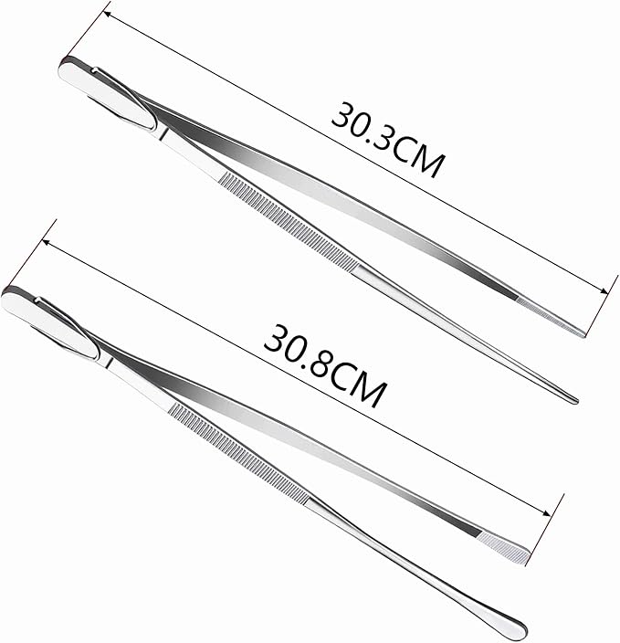 12Inch BBQ Long Forceps Tweezers, Serrated Flat Tips Science Surgical Tongs Jewelers Needle Metal Sewing Sharp Kitchen Cooking Tweezers With Teeth Knurled Handles