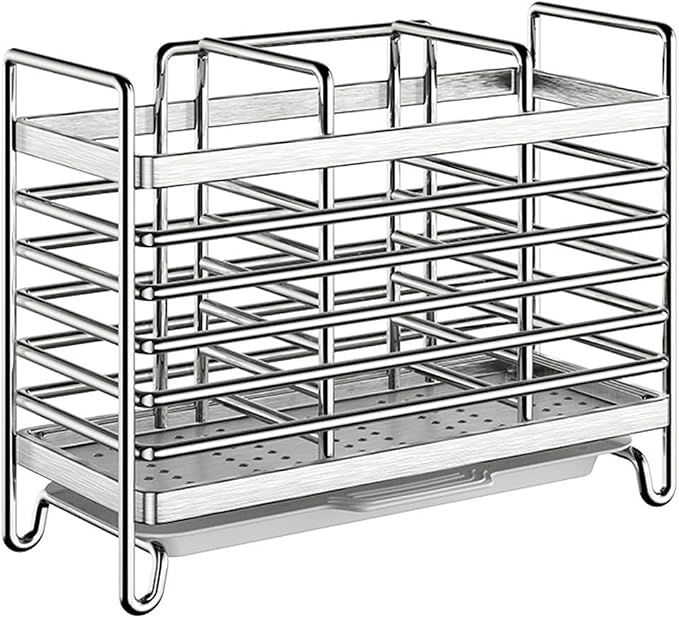 Stainless Steel Wall Mounted Utensil Holder and Countertop Drying Rack with Drain Tray for Kitchen Forks Spoons Chopsticks Silver 3 Compartments(3 Compartments)