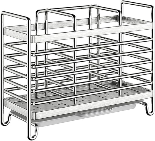 Stainless Steel Wall Mounted Utensil Holder and Countertop Drying Rack with Drain Tray for Kitchen Forks Spoons Chopsticks Silver 3 Compartments(2 Compartments)