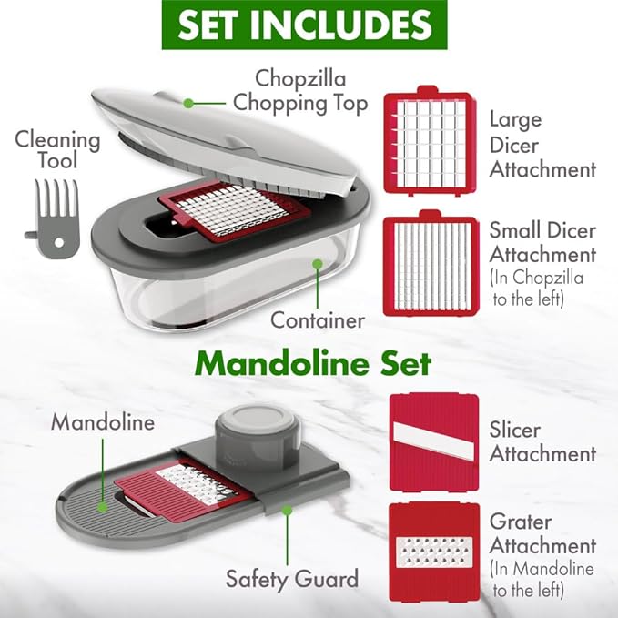 Vegetable Chopper and Mandoline Slicer with Container, CHOPZILLA 4 Stainless Steel Blades, BPA-Free Onion Dicer, Veggie Chopper, French Fry Cutter, Fruit Salad Potato Food Slicer and Dicer, Pink