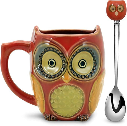 SQOWL 3D Coffee Mug Funny Cute Owl Ceramic Cup Coffee Mug with spoon Tea Mugs Set for Women and girls 12 oz Red