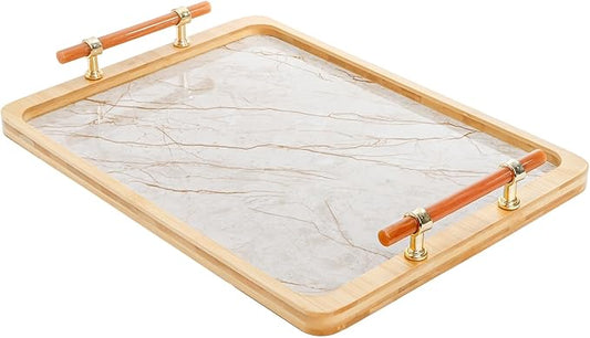 DEAYOU Bamboo Serving Tray with Handles, Marble Pattern Plastic Decorative Ottoman Tray, Large Serving Platter for Coffee Table, Breakfast, Dinner, Perfume, Kitchen Counter, Rectangle, 15.5"x11.5"