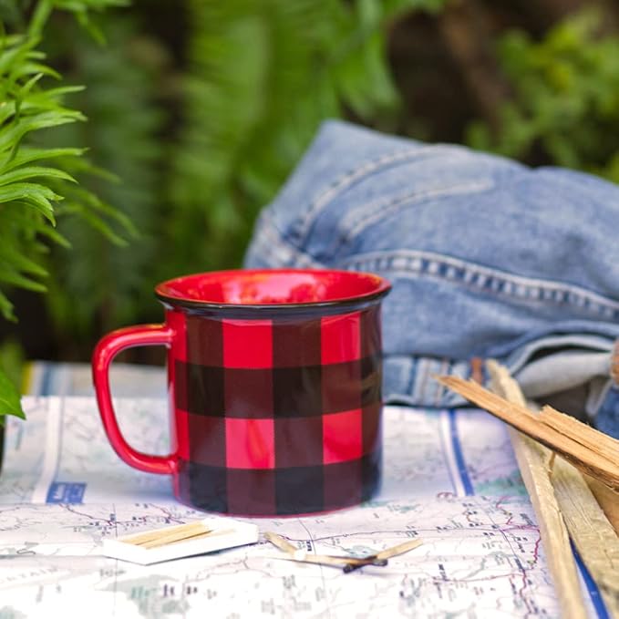 Now Designs Red Buffalo Check Heritage Stoneware Mug 12 oz, Set of 2 (Pack of 2)