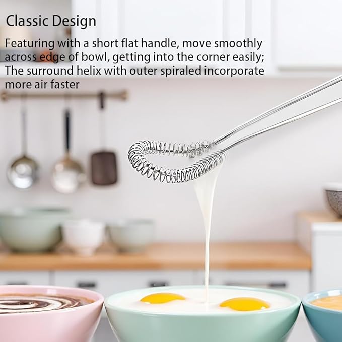 Stainless Steel Mini Whisk Set 2 Pack, Spring Coil Flat Egg Beater, Kitchen Cookware Milk Frother Hand Mixer For Cooking, 8 inch