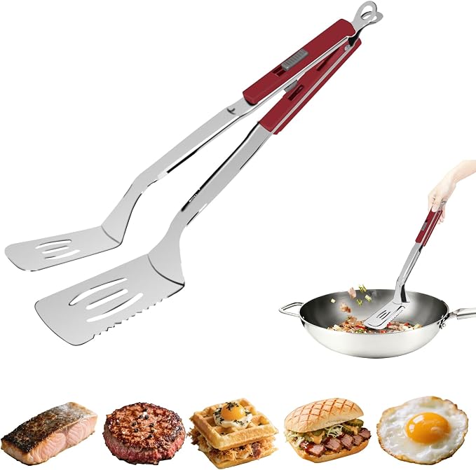 13.5-inch Stainless Steel Tongs for Cooking – Versatile Metal Spatula Tongs for Flipping, Picking Up, Cutting, and Stir-Frying Meats and Other Foods. Kitchen Tongs Durable and Multifunctional.(Red)