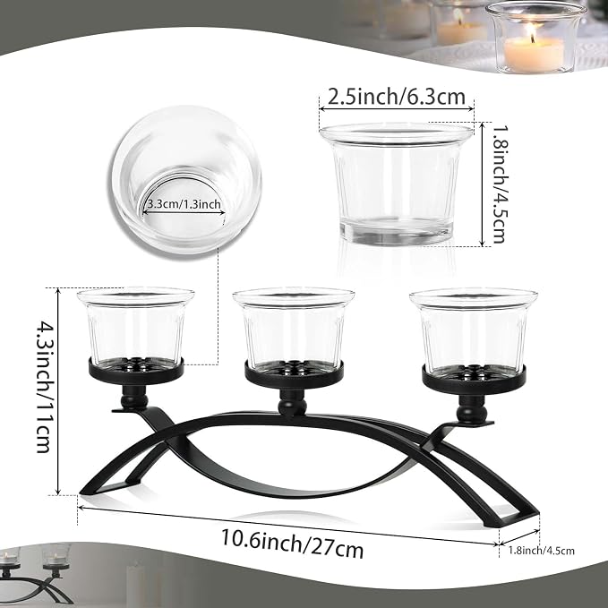 3-Arm Metal Tea Light Candle Holder Set with 5 Glass Cups, Votive Candle Holders Centerpiece Candelabra for Wedding Table Decor, Home Gatherings and Holidays (Black, 5 Cups)