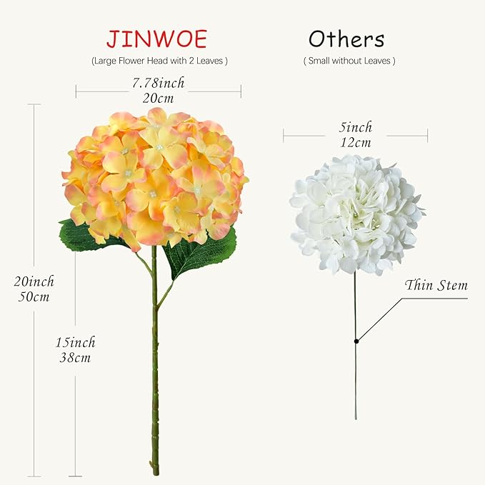 JINWOE Silk Hydrangea Artificial Flowers, 5Pcs 20Inch Large Lifelike Silk Artificial Hydrangeas, Full Fake Flowers for Bouquet Table Centerpieces Wedding Indoor Home (Yellow &Orange)