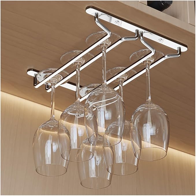 CAKERS Under Cabinet Hanging Stemware Display Rack|304 Stainless Steel Wine Glass Holder|Wine Glass Storage Organizer Hanger,2 Rows,27cm(10.6in)
