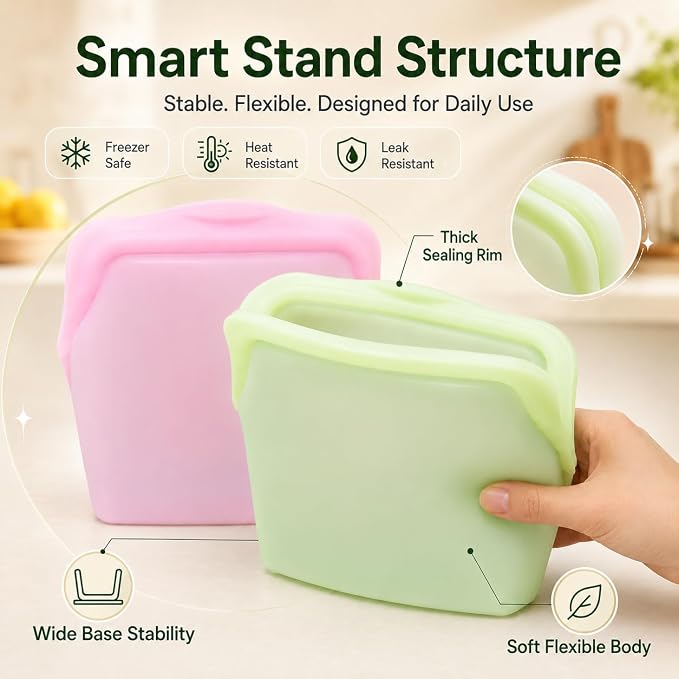 Everbag Reusable Silicone Food Storage Bags, 2 Pack | Leak Proof, Upright Freezer Bags, Odor-Proof, High-Temperature Resistant