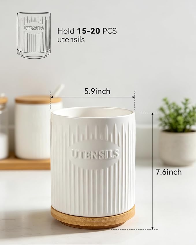 360° Rotating Utensil Holder, 7.6" Large Ceramic Kitchen Utensil Holder for Countertop with Rotatable Bamboo Base, Stable Cooking Utensil Crock, Farmhouse kitchen Decor, White