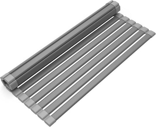 KABUM 17.72x11.81 Heavy-Duty Aluminum Alloy Roll Up Dish Drying Rack, Food-Safe Coating with Anti-Skid Silicone, Extra Wide & Thickened Sink Drying Rack for Kitchen Counter, Space-Saving Organizer