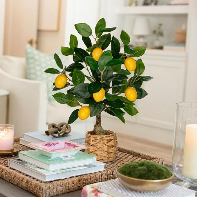 Oairse Artificial Potted Plants 17.3 inches Small Fake Lemon Tree Artificial Lemons Citrus Tree with Woven Pot Faux Plants Indoor Lemon Decorations for Home,Office, Living Room Table, Desk