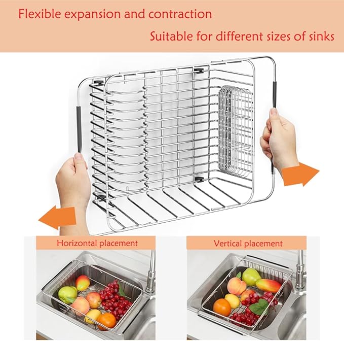 NiuYichee Stainless Steel Dish Drying Rack(15.2"L X 13"W X 5.8"H), Expandable Fruit & Vegetable Drain Rack over Sink, Dish Drainer Rack in Sink, with Stainless Steel Utensil Holder & Silicone Mat(16")