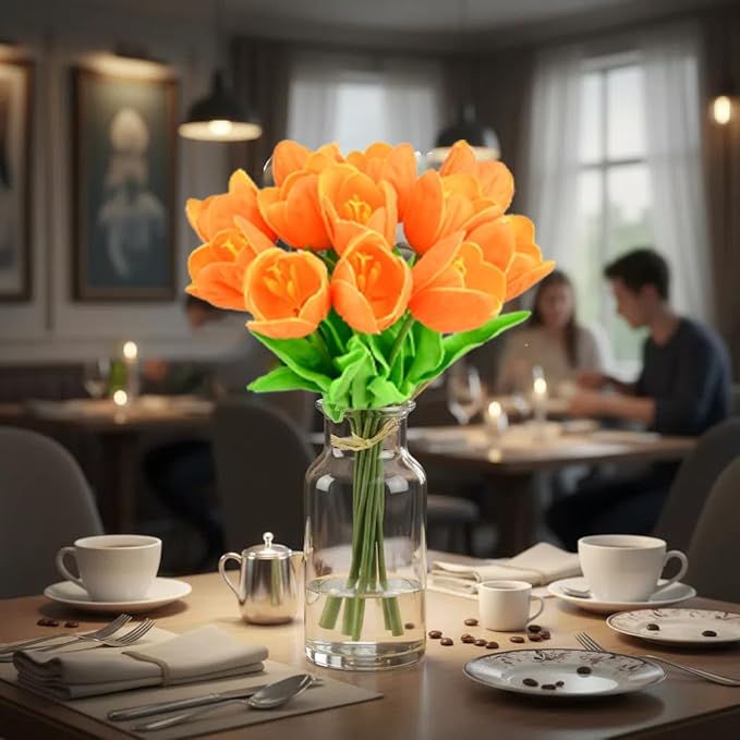 Mandy's Orange Partially Open Artificial Tulips Flowers Centerpiece, 13.5" Lifelike PU Fake Floral Stems 12pcs for Kitchen Island & Dining Table, Spring Decor for Easter