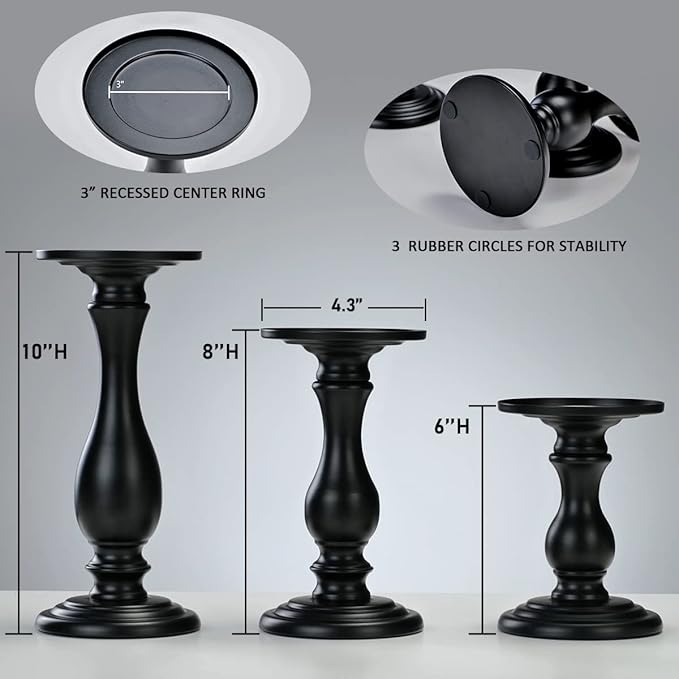 Matte Black Pillar Candle Holders Set of 3-10", 8", 6”H Candlestick Candle Holder Stand, Mother's Day Home Decor Gift for Fireplace/Table Centerpiece/Rustic/Farmhouse